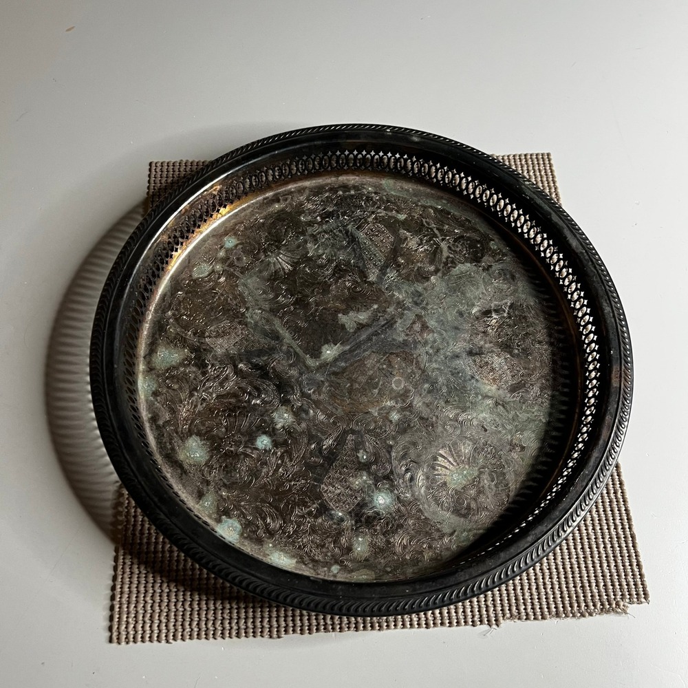 FB Rogers Vintage Silver Plated Round Gallery Tray Etched Floral 12.5 Inch